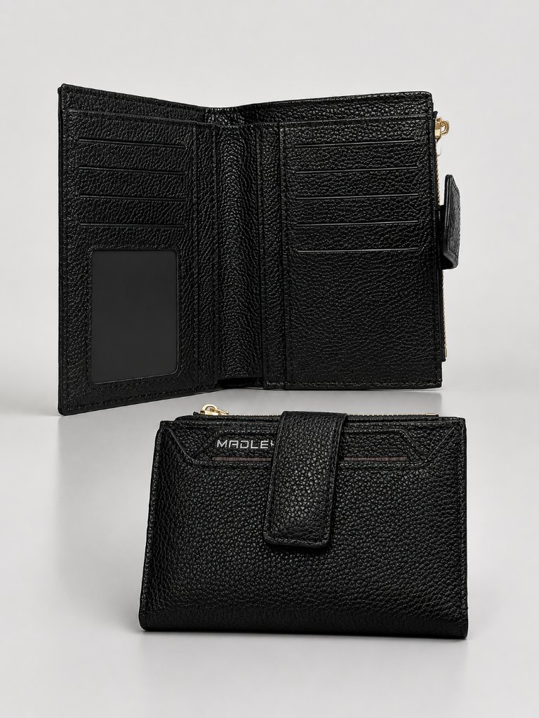 Madley Black Pebbled Leather Bifold Wallet Zip Coin Pocket Gold Hardware